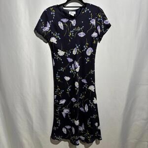 VTG Navy Blue Floral Midi Dress Fairy‎ Grunge Whimsigoth 80s 90s Short Sleeve S